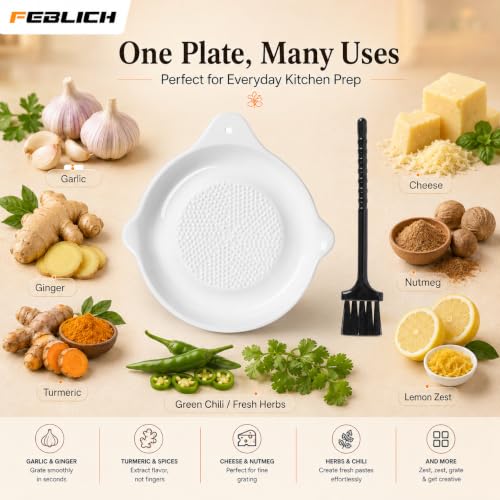 Image of Ceramic Garlic Grater Plate with Brush Manual Crusher Grinder Tool for Ginger, Garlic, Turmeric, Nutmeg, Fruits & Vegetables Durable, Easy to Clean, Non-Slip Kitchen Utensil (Large)