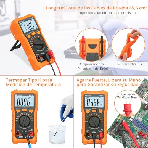 Neoteck Multimetro Digital 2000 Conteos PolÃmetro Tester Electricista para Corriente CA/CC Tensión Resistencia Capacitancia NCV FrecuenciaTemperatura con Pinza de Cocodrilo - Imagen 6