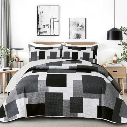 Tyrot 3 Piece Black Grey Quilt Set King Size Black White Gray Geometric Reversible Bedding Set Microfiber Lightweight Bedspread Coverlet with 2 Shams Modern Bed Covers for All Season 106x96