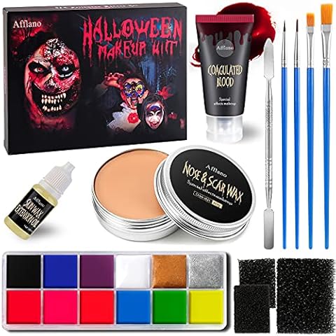AFFLANO Special Effects Stage Halloween Makeup Set,All-in-1 SFX Makeup Kit-Face Body Painting+Fake Scar Wax+Coagulated Blood+Sponge+Spatula+Extension Oil,Zombie Festival Theatrical Wound Modeling Scar Cover