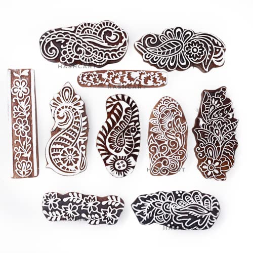 Image of Hashcart | Set of 10 | Paisley Design Wooden Printing Stamps for Scrapbooking | Fabric Designing | Art Craft | Pottery Craft | Kids Project Designing | Saree Border