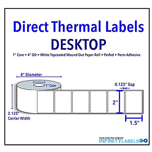 2" X 1.5" Direct Thermal Labels - 1" Core, 4" Outer Diameter. Supplied 900 Labels Per Roll - 12 Rolls Per Case (10800 Labels)