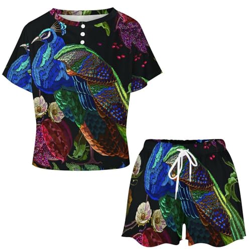 Pyjama femme court Fleurs De Paon en version ensemble de nuit léger pour l'été - 4