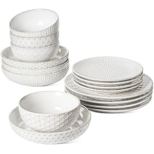 LE TAUCI Dinnerware Sets 16 Piece, Ceramic Plates and Bowls Set, House Warming Wedding Gift, Serve for 4 (10″ Dinner Plates + 8″ Salad Dish + 22 oz Cereal Bowl+32 oz Pasta Bowls) x 4, Arctic White