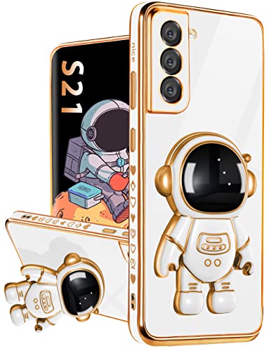 Buleens for Samsung Galaxy S21 Case with Astronaut Stand, Women Girls' Galaxy S21 Case, Girly Cute 6D Space Astronaut Hidden Kickstand Unique Design Phone Cover for 6.2 Inch White