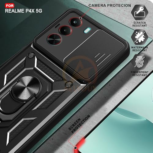 Image of Armor Bumper Back Cover Case for Realme P4X 5G Rotating Camera Cover, Ring Holder & Kickstand | Heavy Duty & 360 Degree Protection Realme P4X 5G Back Cover (Black)