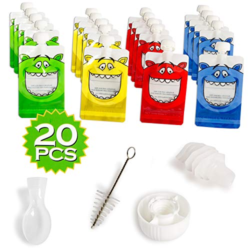 Image of LifeSmart Reusable Food Pouches with Collapsible Funnel 20 Six Ounce Pouches 5 Caps Includes Cleaning Brush, Spoon Tops Clear Windows on The Front Excellent for Travel