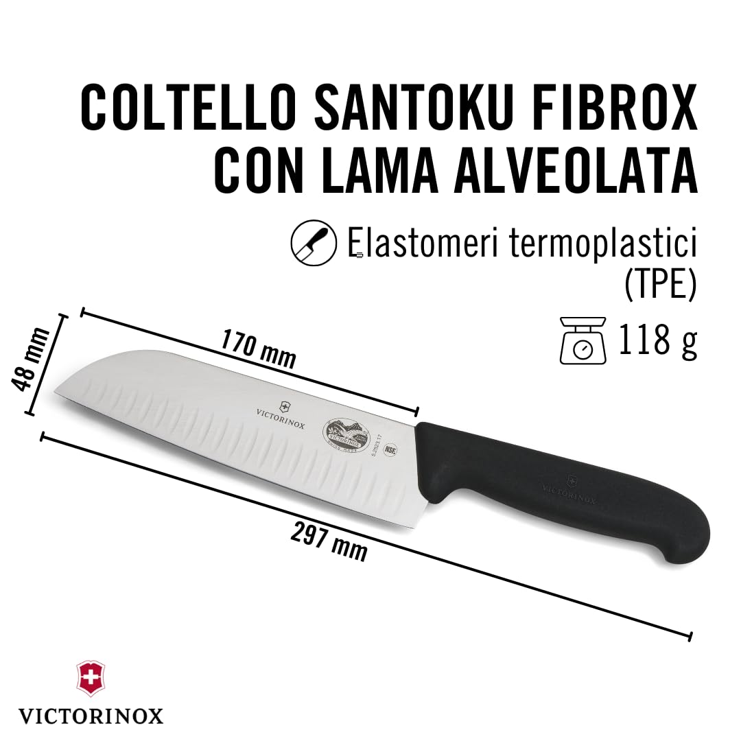 Victorinox Fibrox, Coltello Santoku con Lama Alveolata, Coltello da Cucina giapponese per Carne, Pesce e Verdura, 17 cm, Affilato, Acciaio Inossidabile, Nero