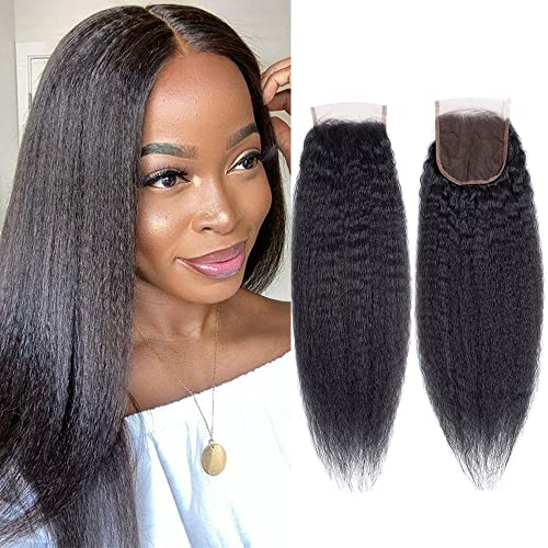Brazilian Virgin Kinky Straight 4x4 Lace Closure 9A Grade Yaki Straight Human Hair 4x4 Lace closure Free Part Natural Black Color (10Inch, kinky straight closure)