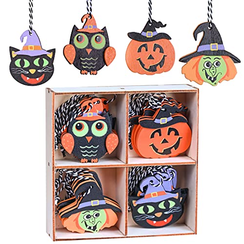 Valery Madelyn 24 pcs Ornements Décoratifs d'arbre d'halloween, Décorations Pendentifs d'halloween avec Citrouille, Chat, Sorcière et Hibou, Ornements Suspendus en Bois pour la Fête Halloween Cover