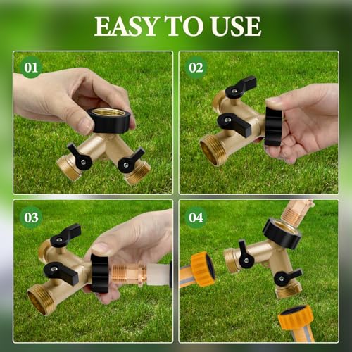 ENNSOO Garden Hose Adapter 2 Way Heavy Duty, Brass Garden Hose Adapter, Y Brass Garden Hose Connector with 2 Extra Rubber Washers, Hose Bib Splitter, Hose Spigot, Rust-Resistant Finish & Zero Leaks