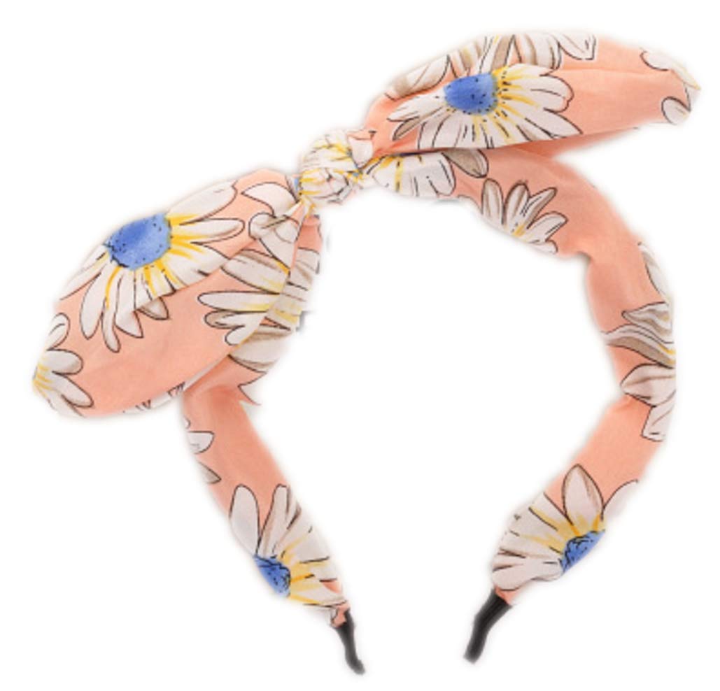 Boho Wide Ribbon Bowknot Alice Headband Hairband Bunny Rabbit Ears Wire Bendy Bow (Daisy Peach Pink)