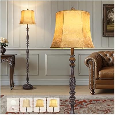 Scenekoy Vintage 66” Tall Floor Lamp for Living Room Bedroom, Retro Resin Carved Standing Lamp with Faux Leather Shade, 3-Way Adjustable Bulb, Rotary Switch Rustic Corner Light for Home Decor