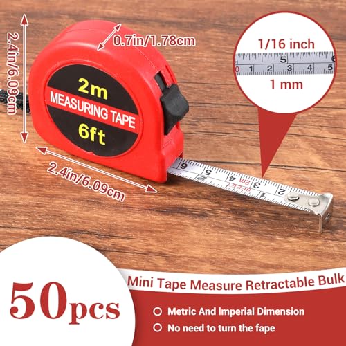 50 Cintas Métricas Retráctiles Mini 6 FT Rojas miniatura 2