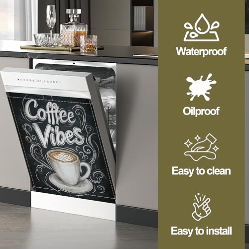 Image of Coffee Cup Words Dishwasher Magnets Decorative Cover,Coffee Vibes Magnet Fridge Panel Decal for Home Kitchen Decor,23x26 in