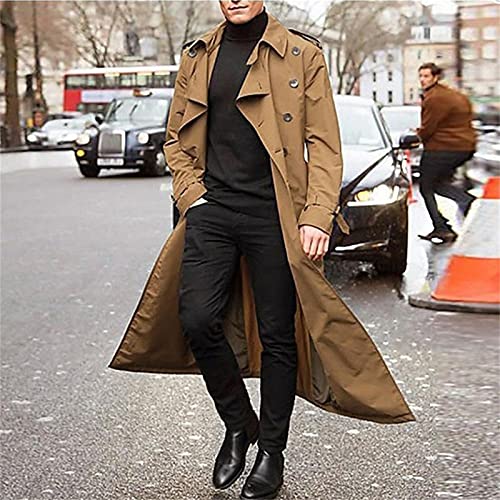 Qtocio Man’s Double Breasted Trench Coat Oversized Casual Windbreaker Lapel Long Jacket Long Belted Windbreaker Slim Fit Overcoat (Khaki, Xl) #TOP1