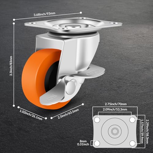 BOSGEOT Caster Wheels, 2.5 Inch Casters Set of 8, Heavy Duty Casters with Brake, Locking Castors with Polyurethane Wheel,Small Plate Swivel Caster Wheels for Furniture Carts,Workbench,Pack of 8