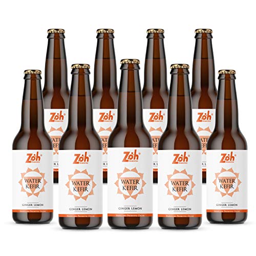 Image of Zoh Probiotics Ginger Lemon Water Kefir | Tea With Living Probiotics, Detoxifying Acids, And Digestive Enzymes. Raw, Made With Organic Ginger Lemon, Amla & Tulsi (330 Ml, Pack Of 9)