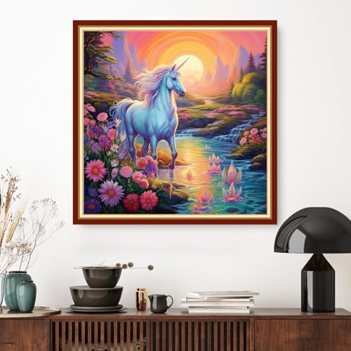 Image of Dimxvean Stamped Cross Stitch Kits,Cross Stitch Kits for Adults Beginners,Embroidery Kits Full Range of Cross Stitch Stamped Kits Needlepoint Kits Cross Stitch Patterns-Unicorn Sunrise 18x18 inch