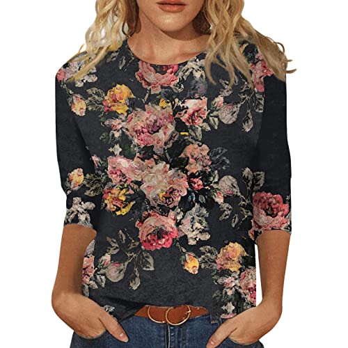 HTHLVMD Womens 3/4 Length Sleeve Tops 2025 Fall Fashion Floral Print Crewneck Causal Trendy Tunic Tops for Women