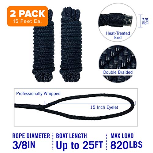 Image of Dock Lines for Boats 3 /8 inch x 15ft, 2 Pack Double Braided Nylon Boat Rope