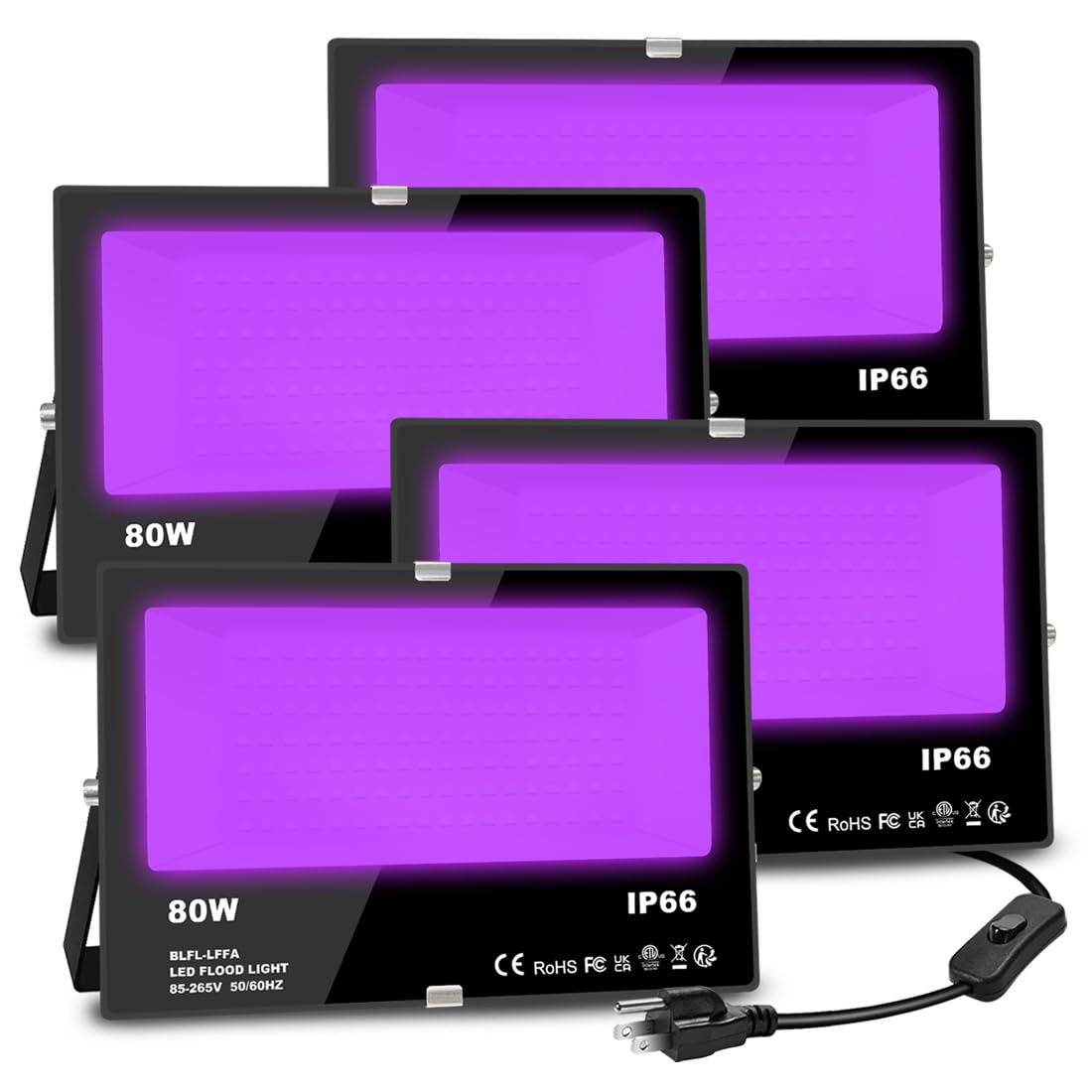 MELPO Black Light 80W Blacklight Flood Light Outdoor for Glow Party, Halloween Decoration, Body Paint, Fluorescent Poster, Stage Lighting?Neon Glow, IP66, US-Plug-Switch-5.9Ft Cord (4 Pack)
