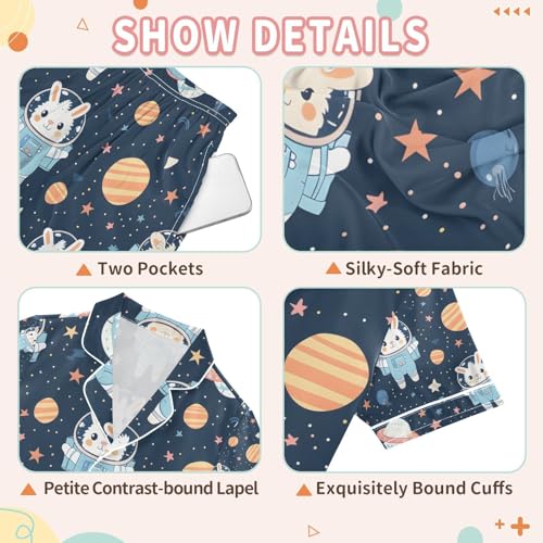 senya Astronaut Rabbit Satin Summer Pajama Sets Silk Short Sleeve Button Down Sleepwear3