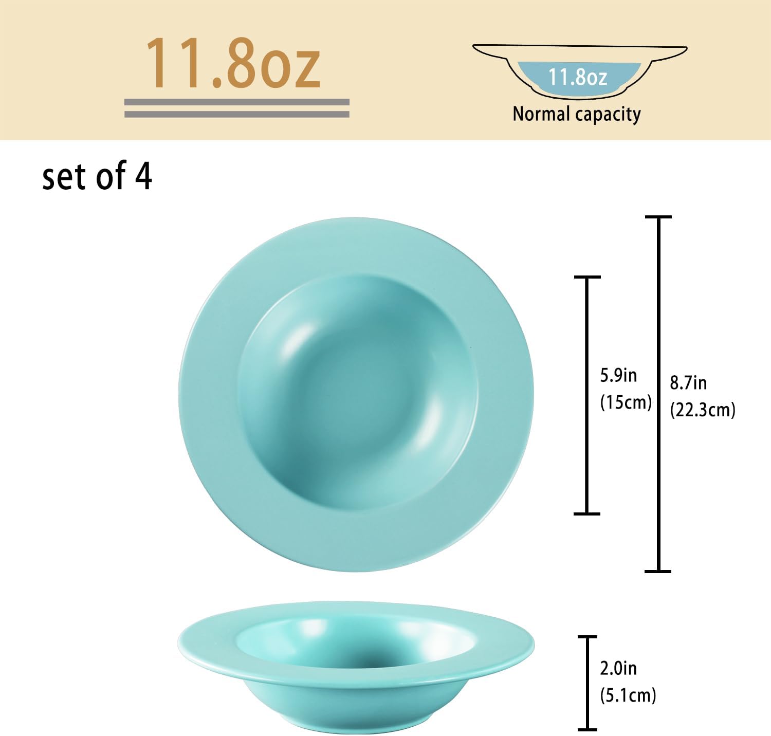 Rimmed soup bowl, Salad bowl Set of 4, Embossed Porcelain wide rim bowl, 11.8 oz, microwave and dishwasher safe, best for gourmets and restaurants, Blue 8.7 Inch