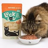 ANIMALUJOS- Lucky Lou Gatos Adultos Ave de Corral y Conejo 125 g – Alimento húmedo Completo para Gato Adulto, Alto en Carne, sin Cereales, con Manzana - 6 Unidades.