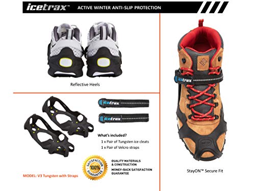 ICETRAX Pro Winter Ice Grips for Shoes and Boots - Ice Cleats for Snow and Ice, StayON Toe, Reflective Heel (V3 Tungsten with Straps, S/M (Men: 5-9 / Women: 6.5-10.5)) - Thumbnail 6