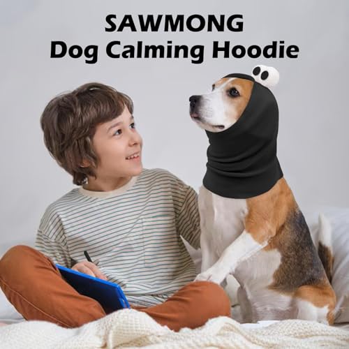 Image of SAWMONG Cute Dog Calming Hoodie Ear Head Covers for Noise Fireworks,No Shake Ear Wraps for Anxiety Relief,Dog Ear Muffs Hematoma Pet Grooming and Force Drying,Black,M