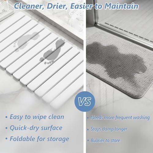 Image of AWW Foldable Stone Bath Mat, Diatomaceous, 31.5 inchx15.7 inch, White | Quick-dry surface, super absorbent, easy-clean finish, non-slip mat included, and compact storage for small bathrooms
