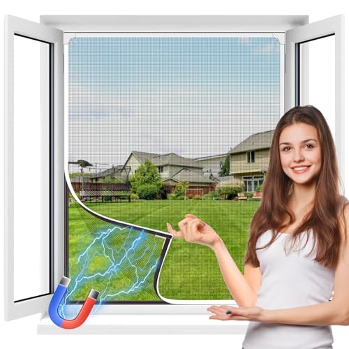 MLEJU Moustiquaire de Fenêtre avec Fixation Magnétique Puissante, moustiquaire aimantée, Taille Ajustable Sans Perçage ni Vissage (White Frame Gray Mesh,...