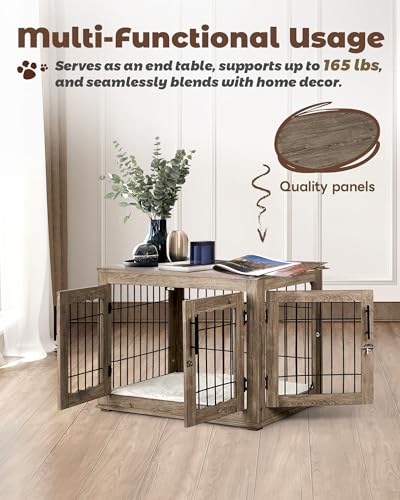 Dog Crate Furniture, 32 inch Medium Dog Crates with Bed Mat, Wooden Dog Kennel Furniture, End Side Table Dog Cage with 3 Doors, Greige - Image 6