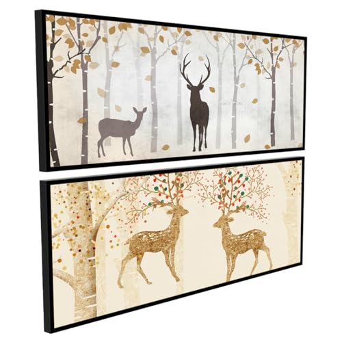 Image of PAINTINGMANTRA Framed Painting Auspicious Dear in the Wood Poster Framed Art Print For Living Room, Decorative Home & Wall Decor - Set Of 2 (Black Frame, 8x18 Inch)