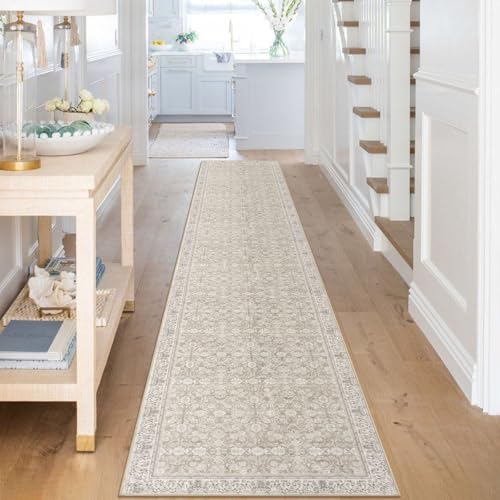 2.6x16 Cream Beige White Grey Washable Runner Rug for Kitchen, Soft Classic Runner with Non-Slip, Non-Shedding Distressed Floral Rug for Hallways Entryway Bedroom Laundry Indoor