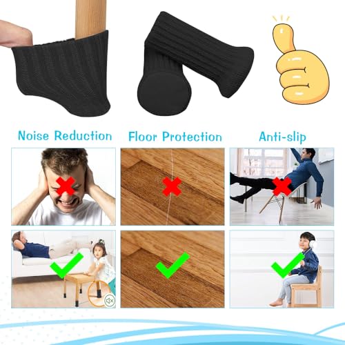 24 Stück Stuhlsocken, NETUME Hochelastisch Gestrickte Möbelsocken/Filz Stuhlbeinkappen with Filzgleiter, Antirutsch Pads Stuhlbeinschoner Ideal Bodenschoner für Möbel Stuhlbein Tisch (Schwarz)