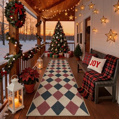 Lahome Christmas Runner Rug, 2x8 Christmas Kitchen Decor Checkered Non
