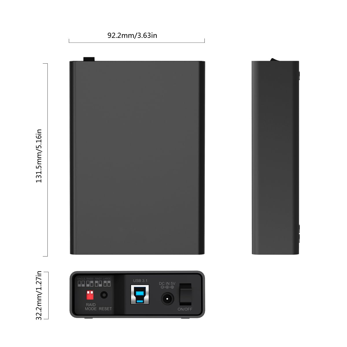 2 Bay RAID, Aluminium RAID Gehäuse für 2 x 2,5 Zoll SATA SSD/HDD, USB 3.2 Gen2 (10 Gbit/s), Aluminiumgehäuse, RAID 0, RAID1, Single, Groß, 2X Kabel USB-A, USB-C