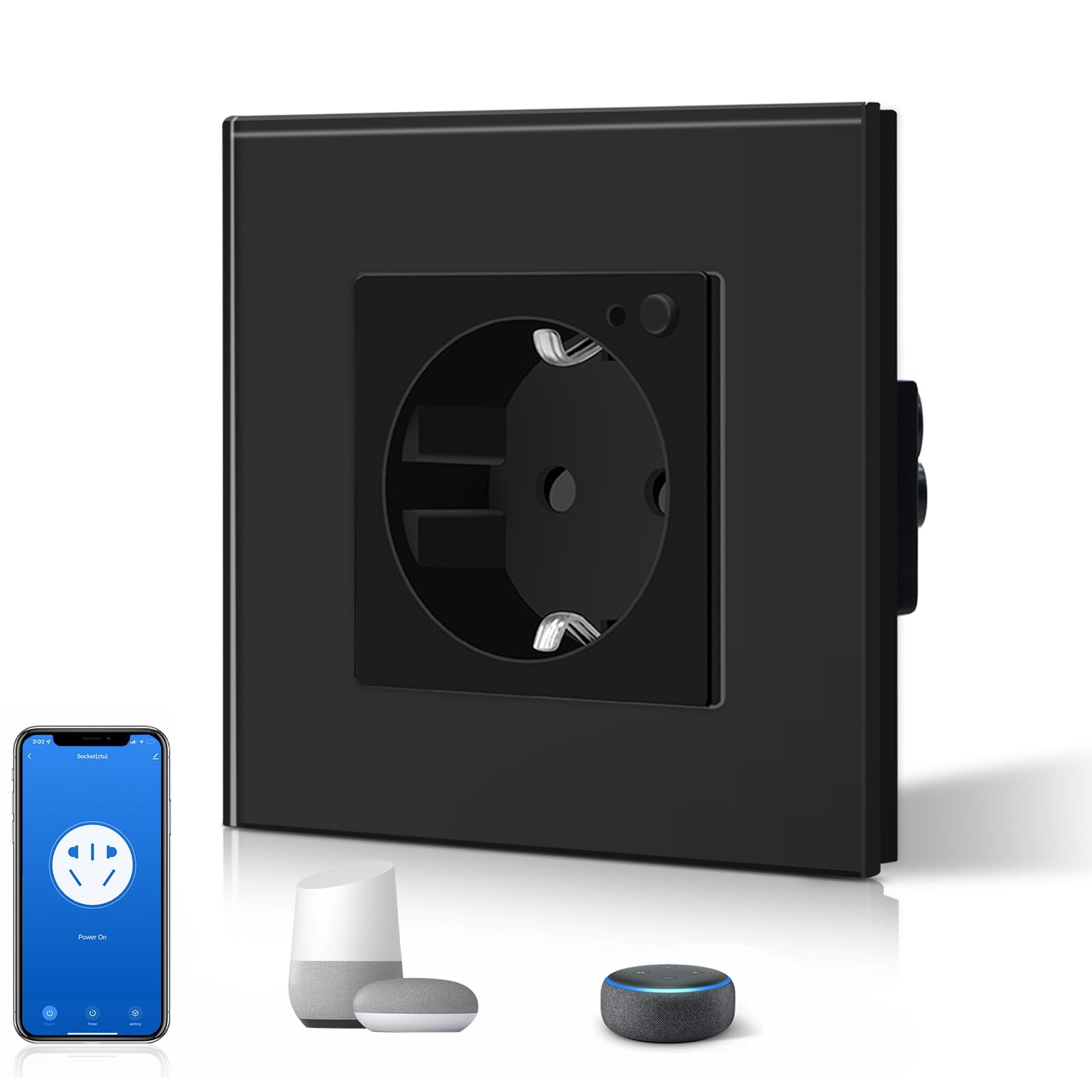 BSEED Enchufe Inteligente Con Cristal,WIFI Enchufes de pared,Control Remoto y de Voz y Función de Temporizador,Requiere Cable Neutro,1 Enchufe WiFi,86mm Negro - 1