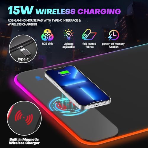 Image of INOVERA (LABEL) RGB Light Gaming Mouse Pad with Wireless Charging - Anti Slip Rubber Base Desk Mat for Laptop, Computer, Keyboard (Black, 700 x 300 mm)
