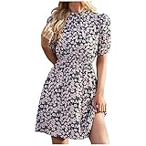 Generic Kurzarmkleid Frauen magerer O-Kragen im Frühling Kurzstil Bedruckte Gürtel Frauenkleid Kleid O Damen Schwarz