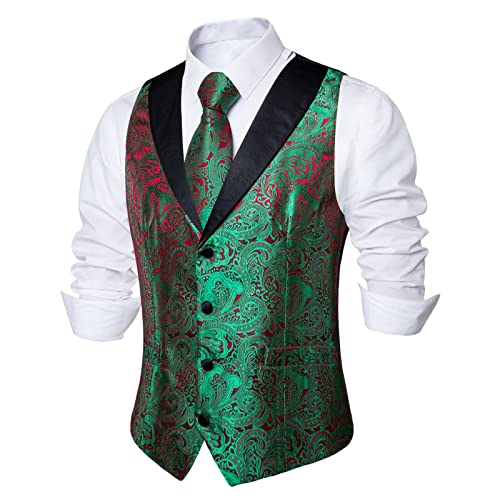 Image of DiBanGu Mens Paisley Vest Silk Sleeveless Suit Vest and Neck Tie Pocket Square Cufflinks Set for Wedding Formal