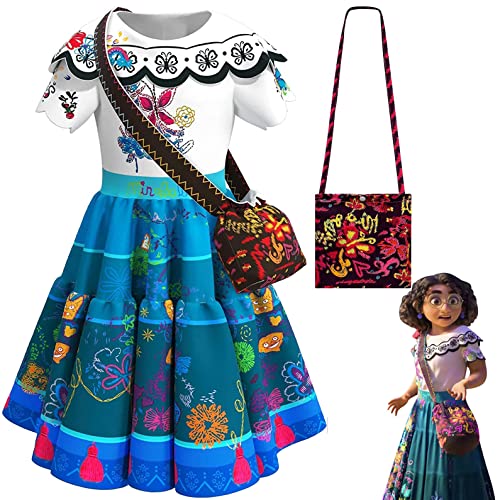 Mädchen Encanto Kostüm mit Umhängetasche Mirabel Isabella Dolores Prinzessin Kostüm Cosplay Kinder Anzieh Outfits Rüschen Sommerkleidung für Schule Geburtstagsgeschenk Party Karneval (120, Weiß) Cover