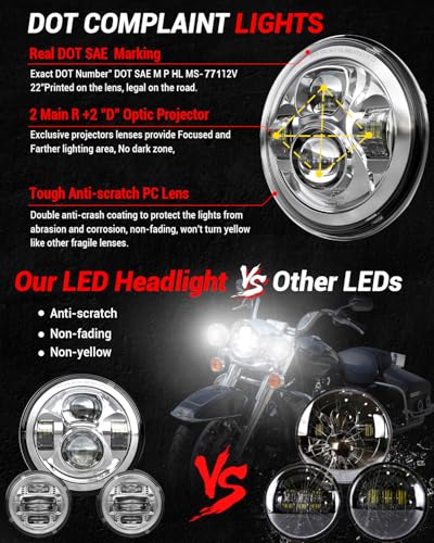 Image of Z-OFFROAD New 7 Inch Motorcycle LED light 4.5 inch Fog Passing Lights, DOT Kit Compatible with Harley Davidson Road King Electra Glide Ultra Classic Heritage Softail Fat Boy Street Glide, Chrome