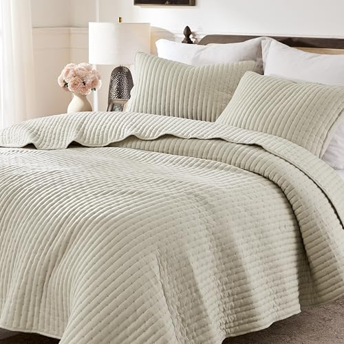 WDCOZY Beige Cross Stitch Queen Size Quilt Set, Netural Striped Lightweight Soft Bedspread, Channel Farmhouse Rustic Coverlet, All Season Country Bedding, Thin Comforter