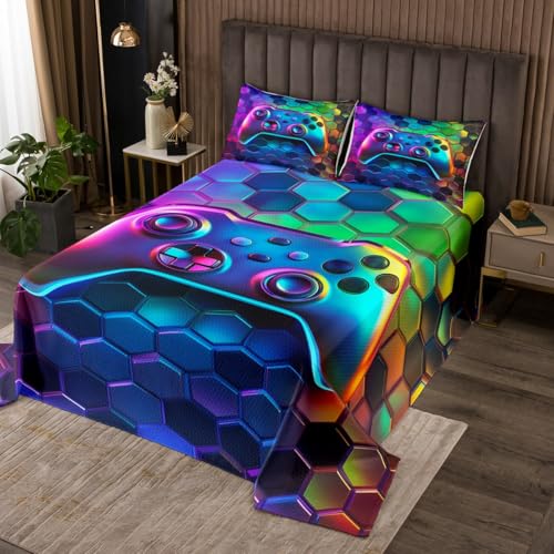 Manfei Video Games Bedspread Twin Size, Geometric Gamer Controller Coverlet Set 2pcs, Gaming Gamepad Quilted Coverlet with 1 Pillowcase, Kids Boys Teens Room Decor, Soft Bedding Quilt