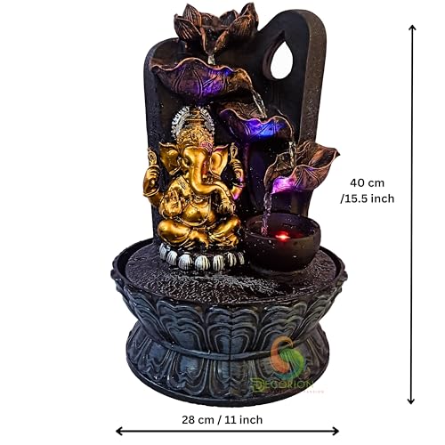 Image of Ganehsa Decorative Table Top Water Fountain for Home Decor /Office /Indoor & Outdoor /Garden /Puja Room /Vaastu with Multicolor LED Light and Adjustable Water Pump (Black & Gray D-22)