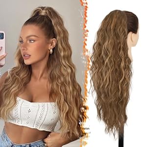 BARSDAR Drawstring Ponytail Extension – 26 Inch Long Curly Wavy Highlight Drawstring Ponytail Hair Extensions for Women – Synthetic Clip in Ponytail Hairpieces Fake Pony Tail – Dark Brown & Auburn