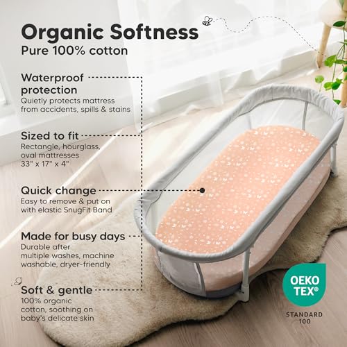 Image of 2-pk Waterproof Bassinet Sheets Girls, Boys, Cotton - 33x17 Universal Bassinet Mattress Pad Protector Cover, Compatible with Graco,Baby Delight,Chicco,Halo Bassinest Swivel Sleeper Fitted(Butterflies)